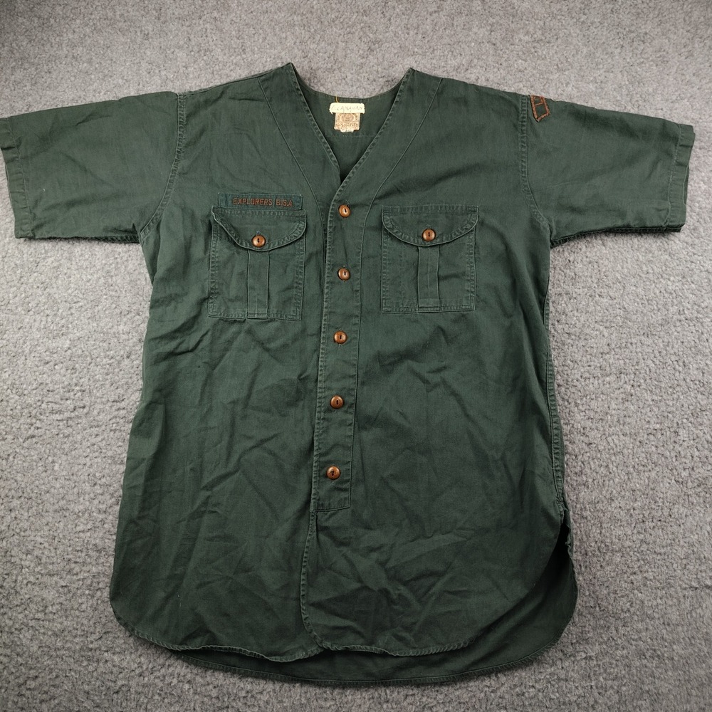 VTG 40s 50s Boy Scouts of America Cotton Shirt Mens Medium Explorers Green Patch